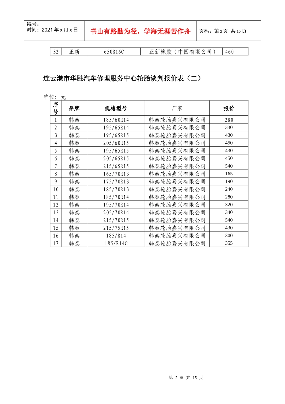 连云港市华胜汽车修理服务中心轮胎谈判报价表(一)_第2页