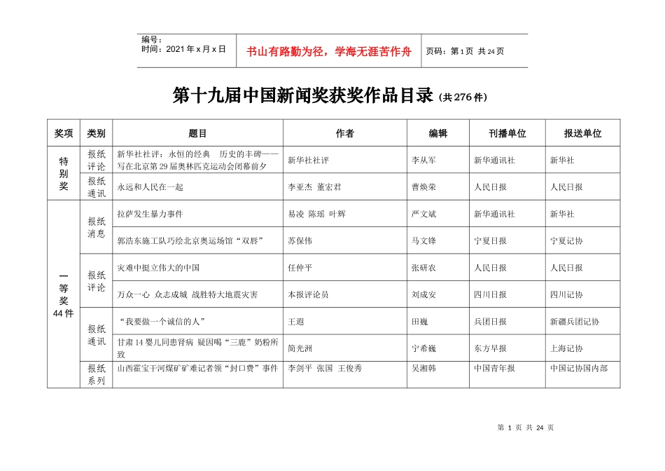 查看第十九届中国新闻奖获奖作品目录-第届中国新闻奖参评作_第1页