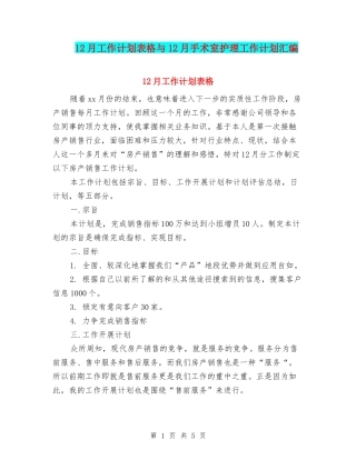 12月工作计划表格与12月手术室护理工作计划汇编