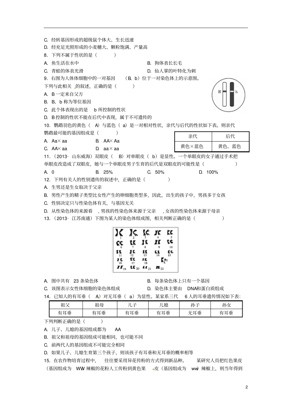 八年级生物上册第四单元第四章生物的遗传和变异检测题济南版(1)_第2页