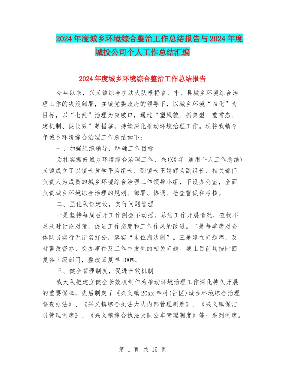 2024年度城乡环境综合整治工作总结报告与2024年度城投公司个人工作总结汇编_第1页