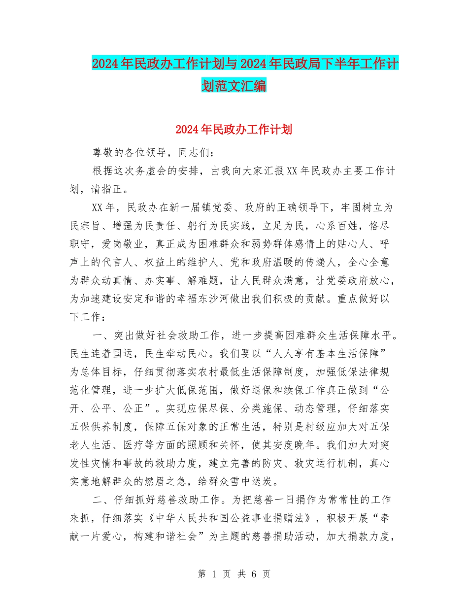 2024年民政办工作计划与2024年民政局下半年工作计划范文汇编_第1页