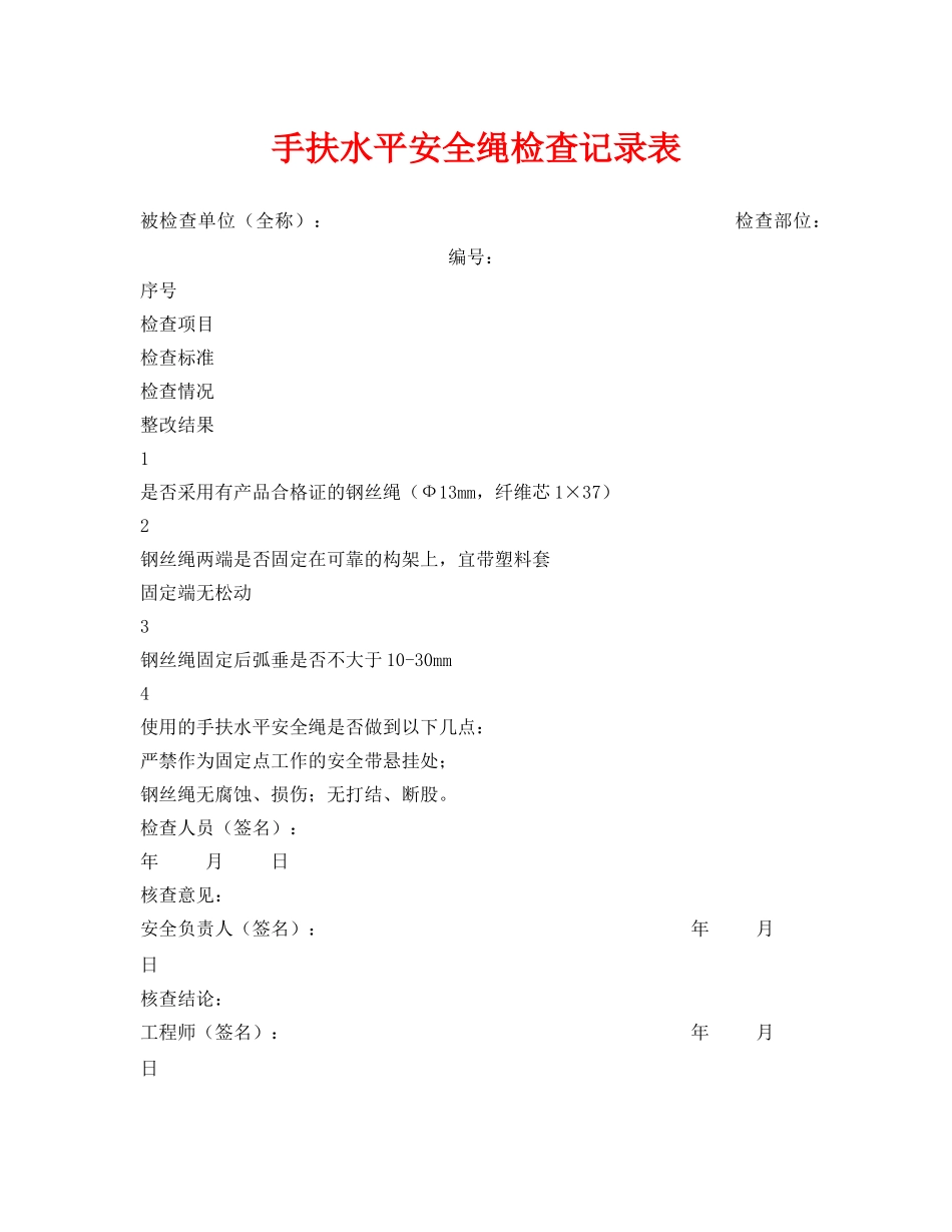 《安全管理资料》之手扶水平安全绳检查记录表 _第1页