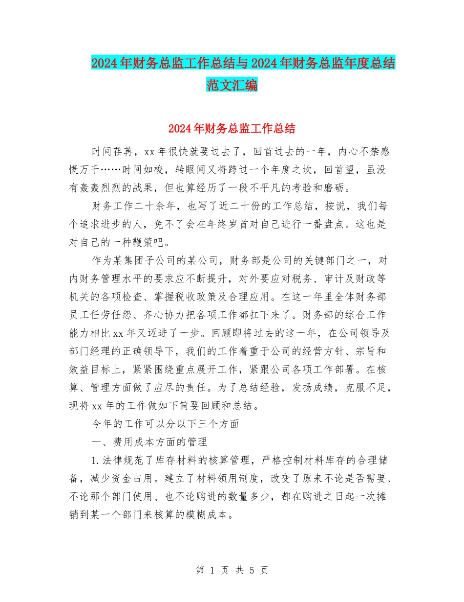2024年财务总监工作总结与2024年财务总监年度总结范文汇编_第1页