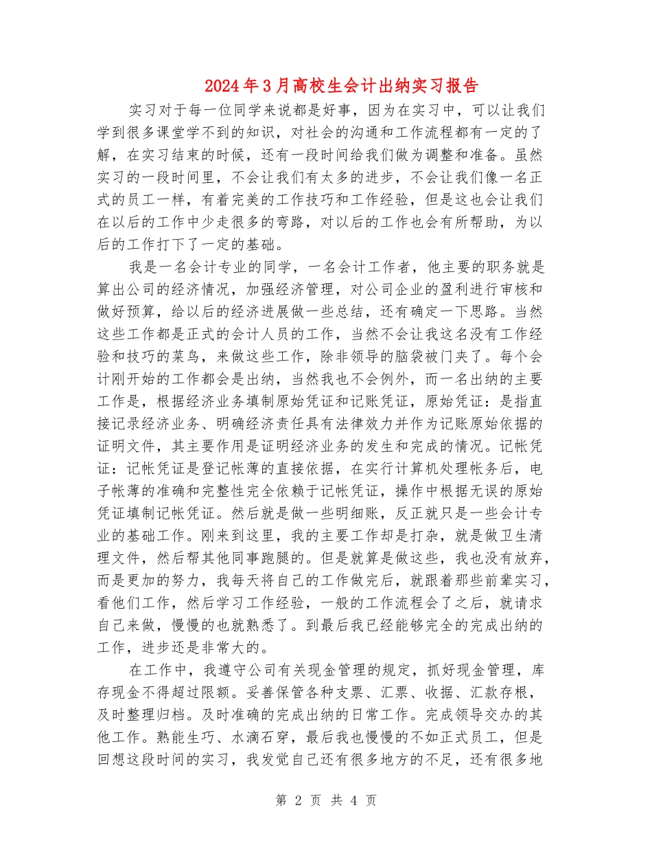 2024年3月大学生会计出纳实习报告_第2页