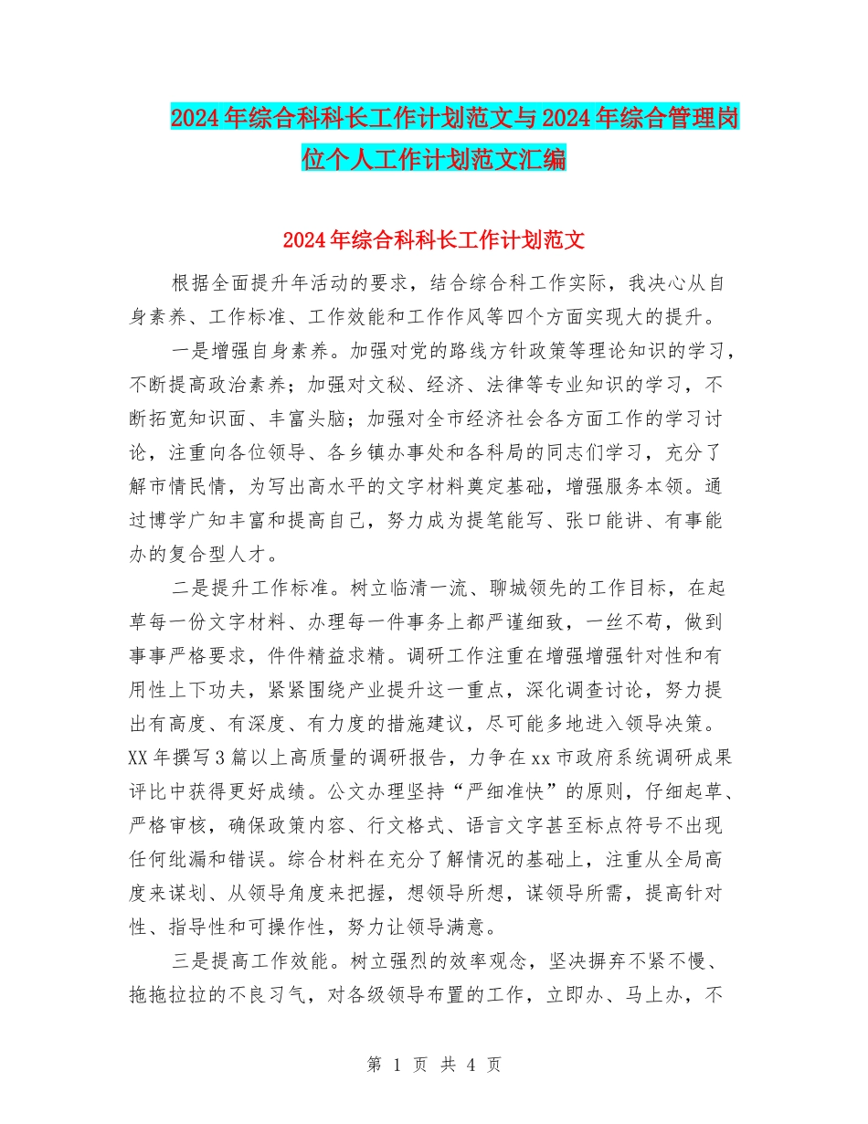 2024年综合科科长工作计划范文与2024年综合管理岗位个人工作计划范文汇编_第1页