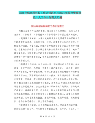 2024年综合科科长工作计划范文与2024年综合管理岗位个人工作计划范文汇编