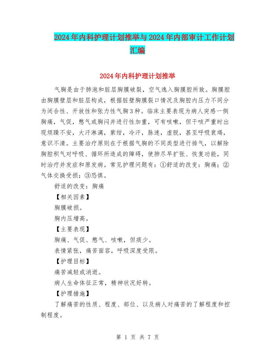 2024年内科护理计划推荐与2024年内部审计工作计划汇编_第1页