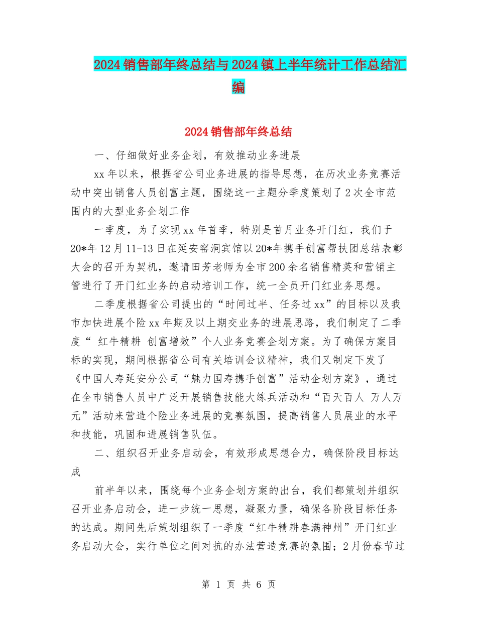 2024销售部年终总结与2024镇上半年统计工作总结汇编_第1页