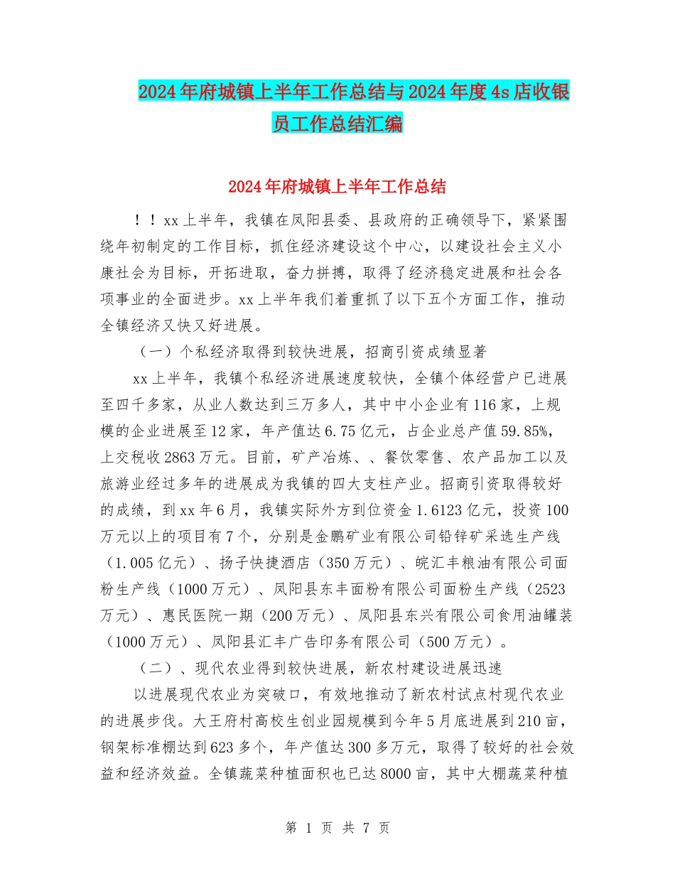2024年府城镇上半年工作总结与2024年度4s店收银员工作总结汇编_第1页