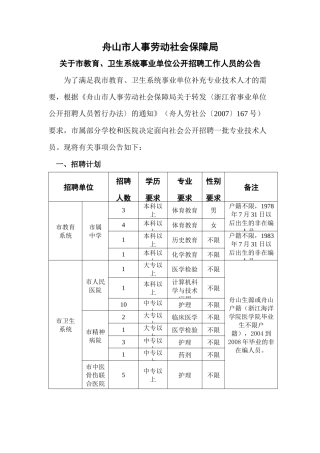 舟山市人事劳动社会保障局