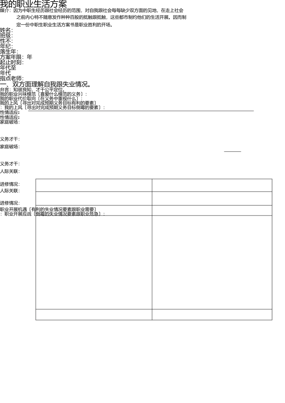 中职生职业生涯规划书(表格) _第1页