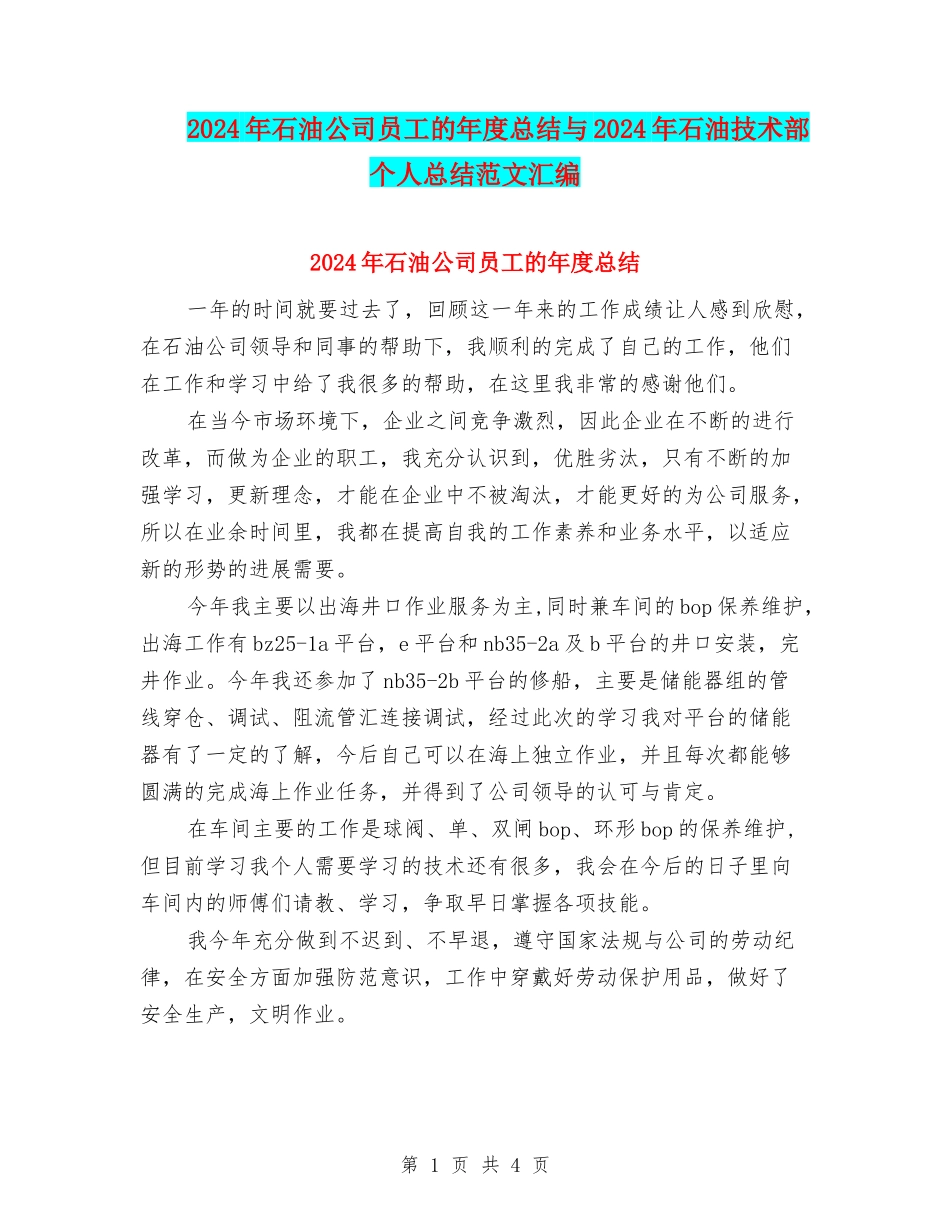 2024年石油公司员工的年度总结与2024年石油技术部个人总结范文汇编_第1页