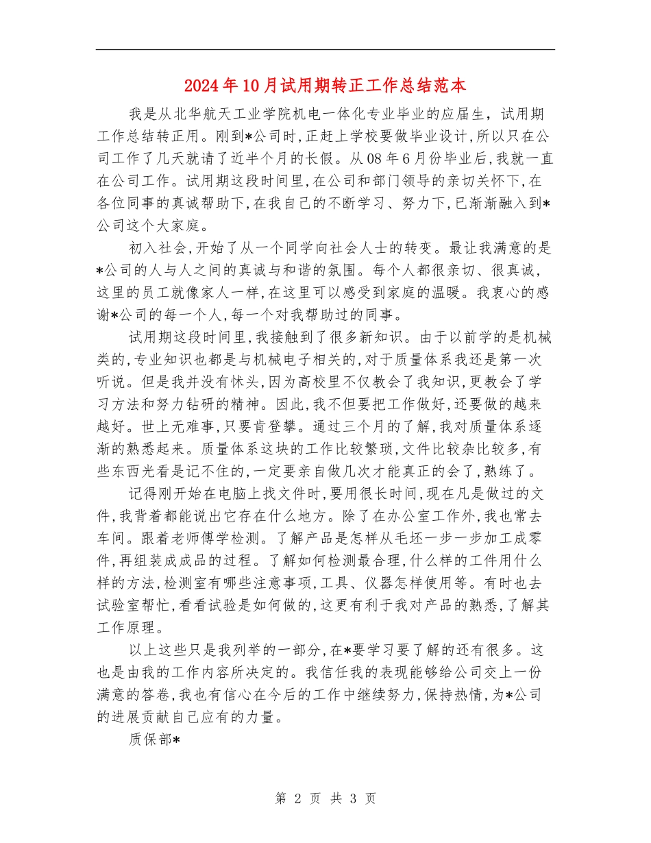 2024年10月试用期转正工作总结范本_第2页