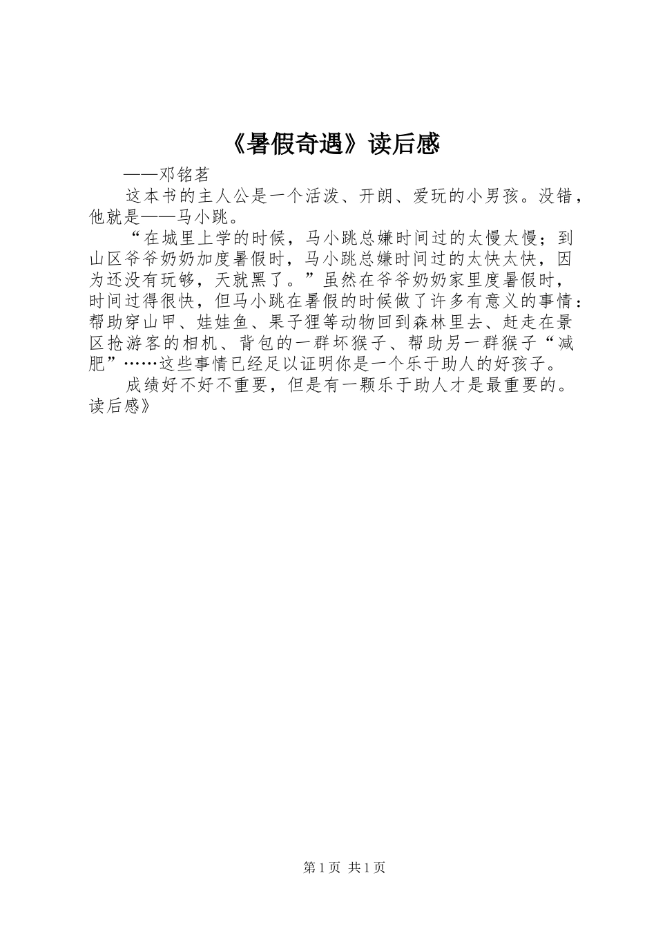 《暑假奇遇》读后感_第1页