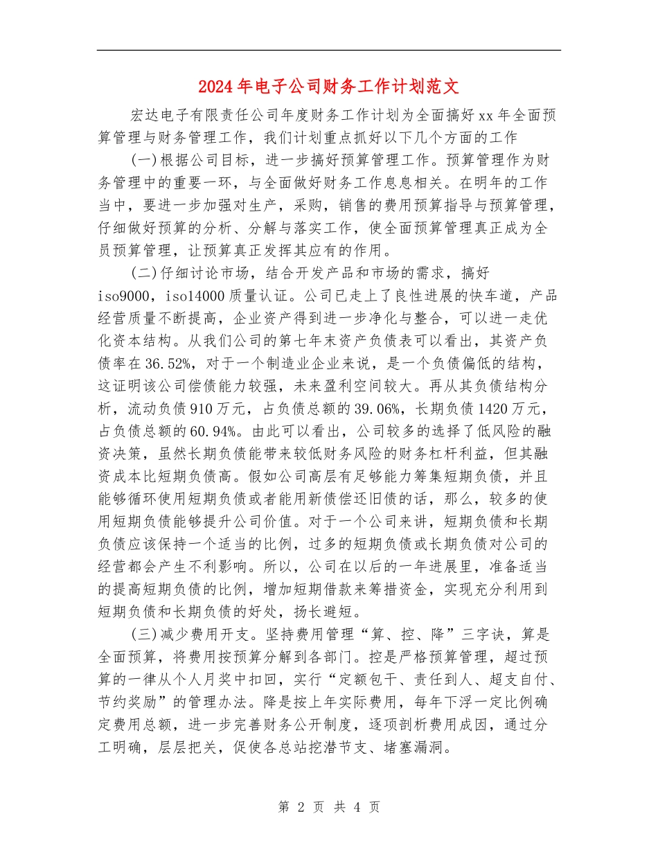 2024年电子公司财务工作计划范文_第2页