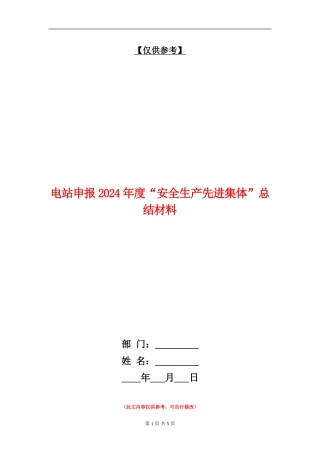 电站申报2024年度“安全生产先进集体”总结材料【最新版】