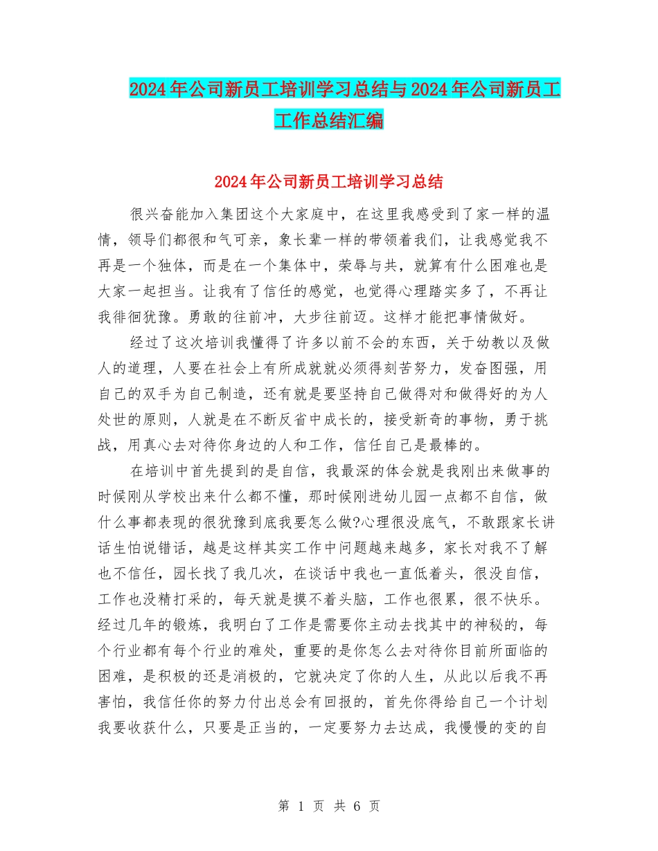2024年公司新员工培训学习总结与2024年公司新员工工作总结汇编_第1页