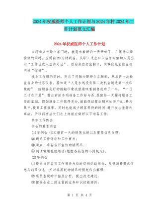 2024年权威医师个人工作计划与2024年村2024年工作计划范文汇编