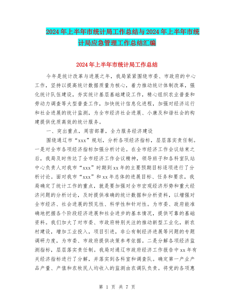 2024年上半年市统计局工作总结与2024年上半年市统计局应急管理工作总结汇编_第1页