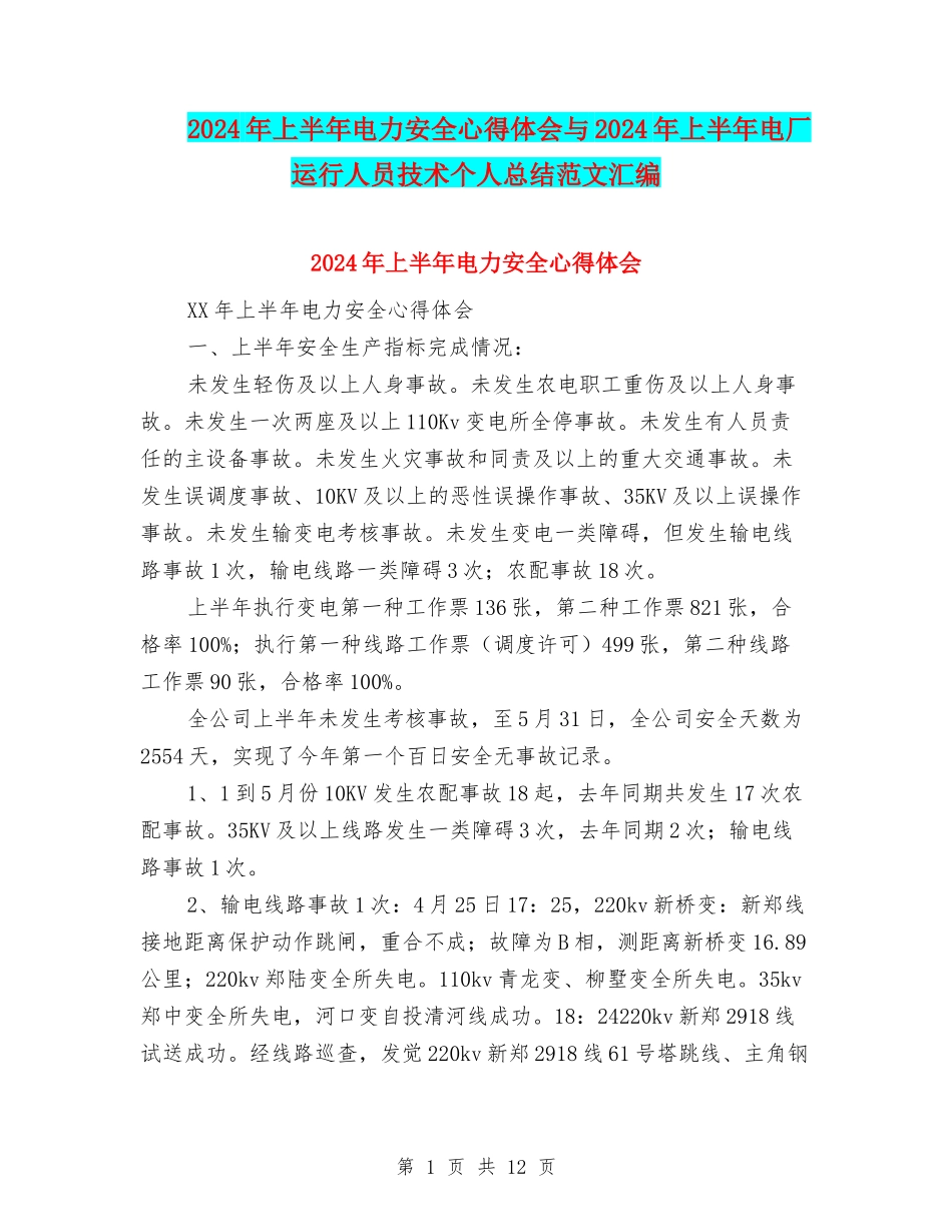 2024年上半年电力安全心得体会与2024年上半年电厂运行人员技术个人总结范文汇编_第1页