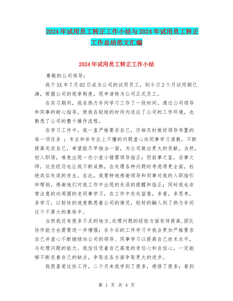 2024年试用员工转正工作小结与2024年试用员工转正工作总结范文汇编_第1页