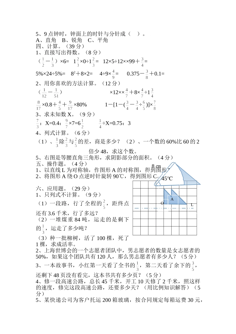 长沙市小学数学科毕业考试试卷人教版 _第2页