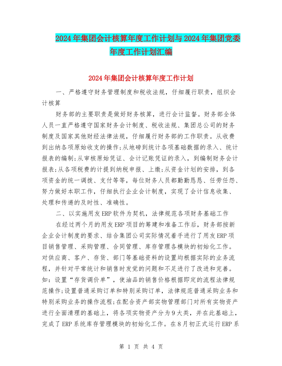 2024年集团会计核算年度工作计划与2024年集团党委年度工作计划汇编_第1页