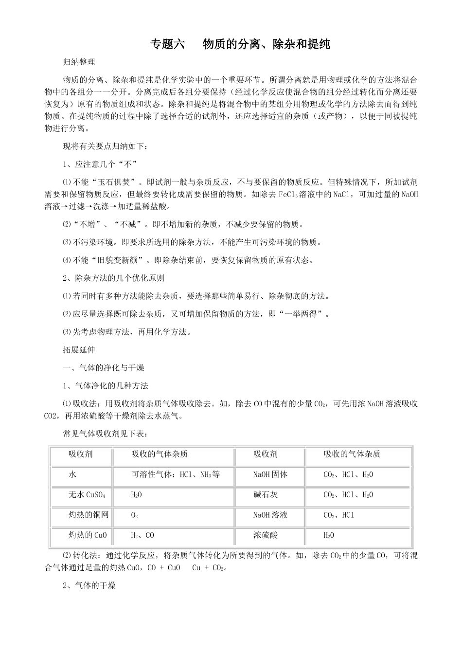 中考化学 物质的分离除杂和提纯专题复习 _第1页
