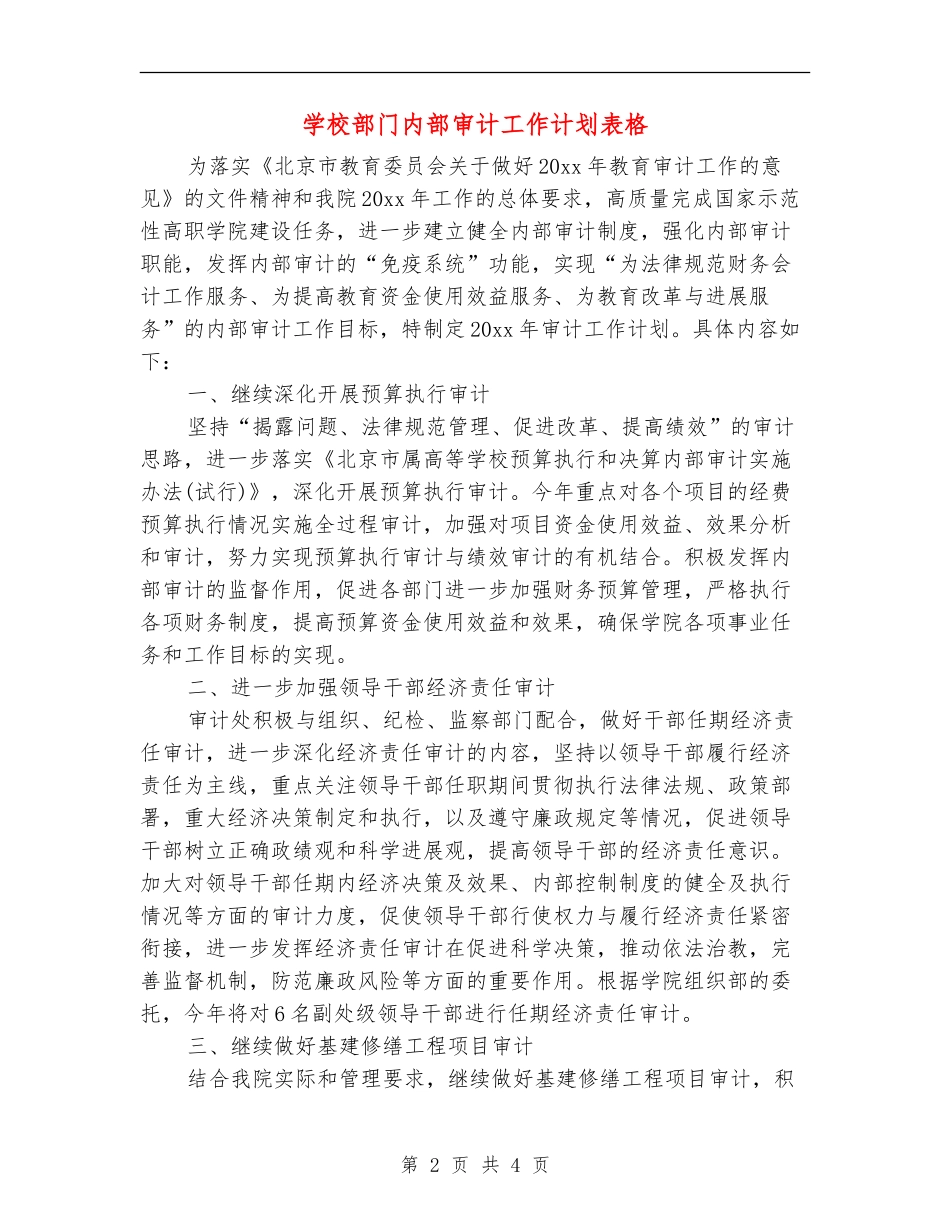 学校部门内部审计工作计划表格_第2页