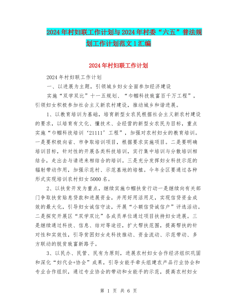 2024年村妇联工作计划与2024年村委“六五”普法规划工作计划范文1汇编_第1页