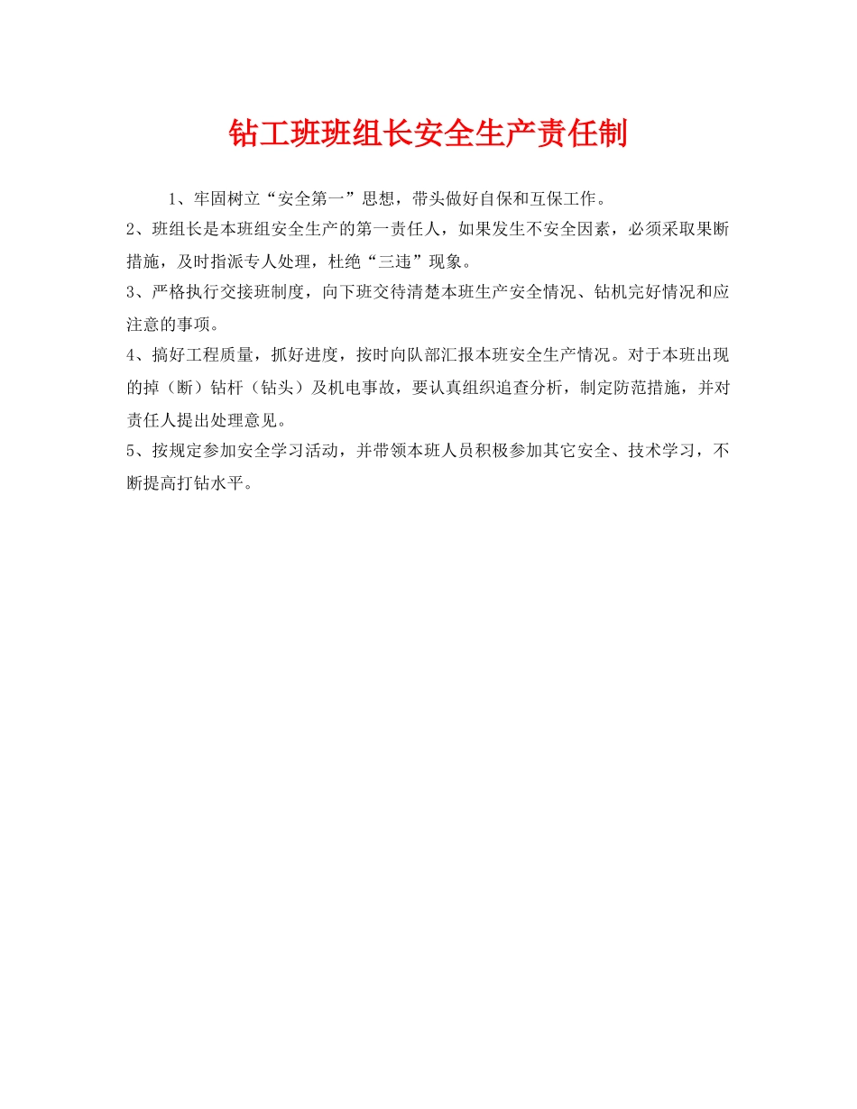 《安全管理制度》之钻工班班组长安全生产责任制 _第1页