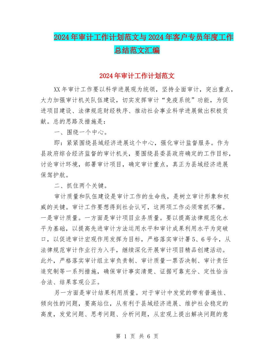 2024年审计工作计划范文与2024年客户专员年度工作总结范文汇编_第1页