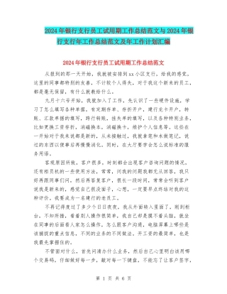 2024年银行支行员工试用期工作总结范文与2024年银行支行年工作总结范文及年工作计划汇编