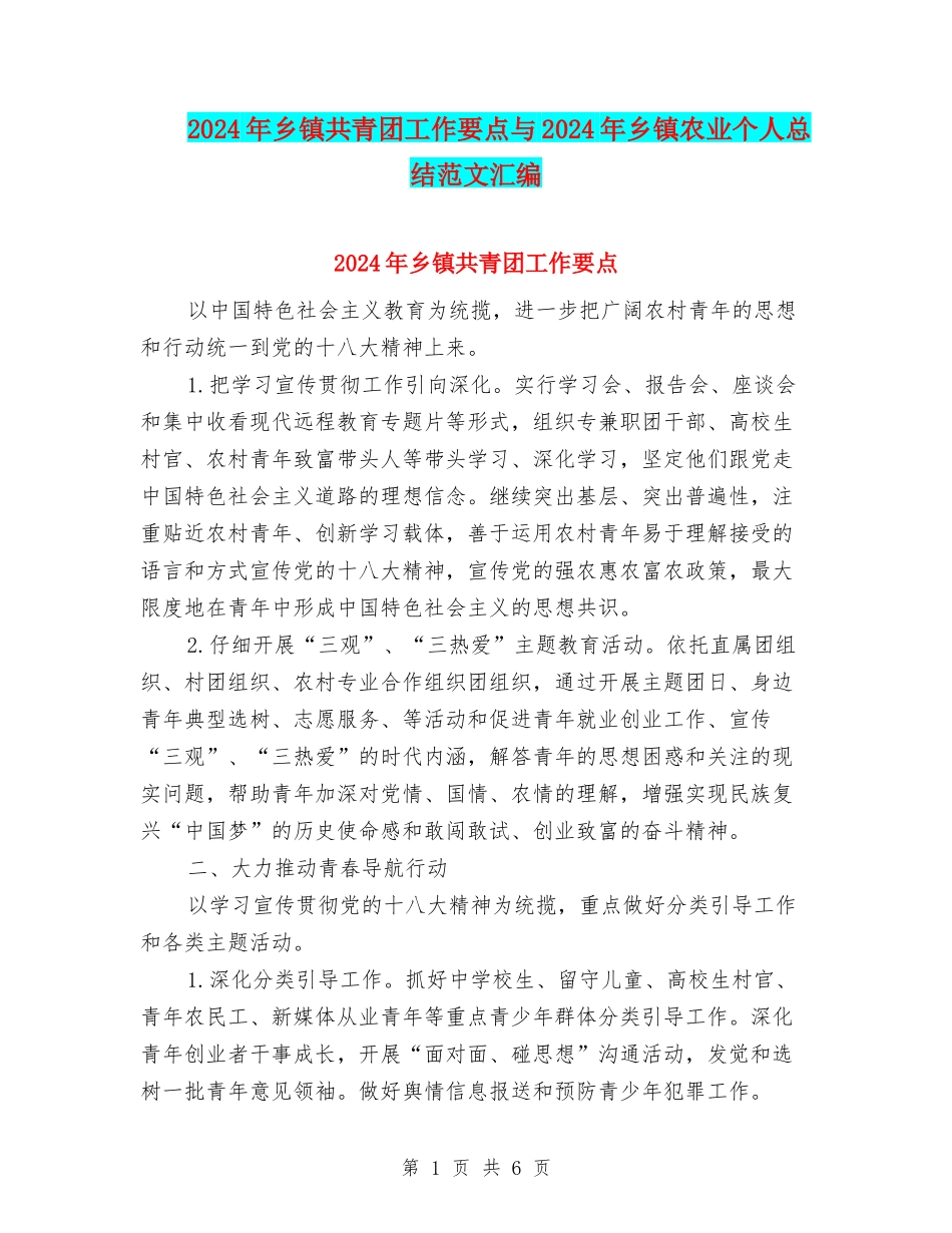 2024年乡镇共青团工作要点与2024年乡镇农业个人总结范文汇编_第1页