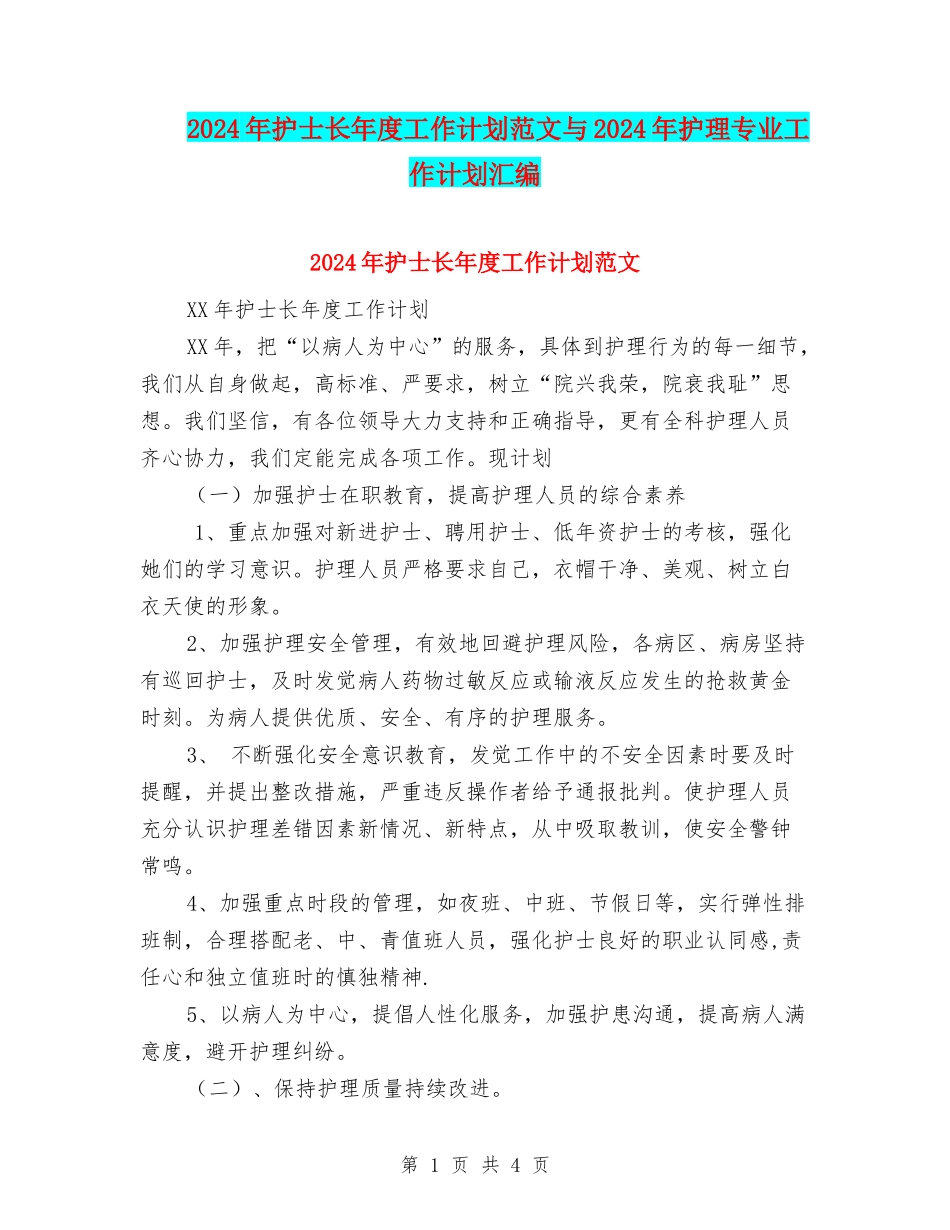 2024年护士长年度工作计划范文与2024年护理专业工作计划汇编_第1页