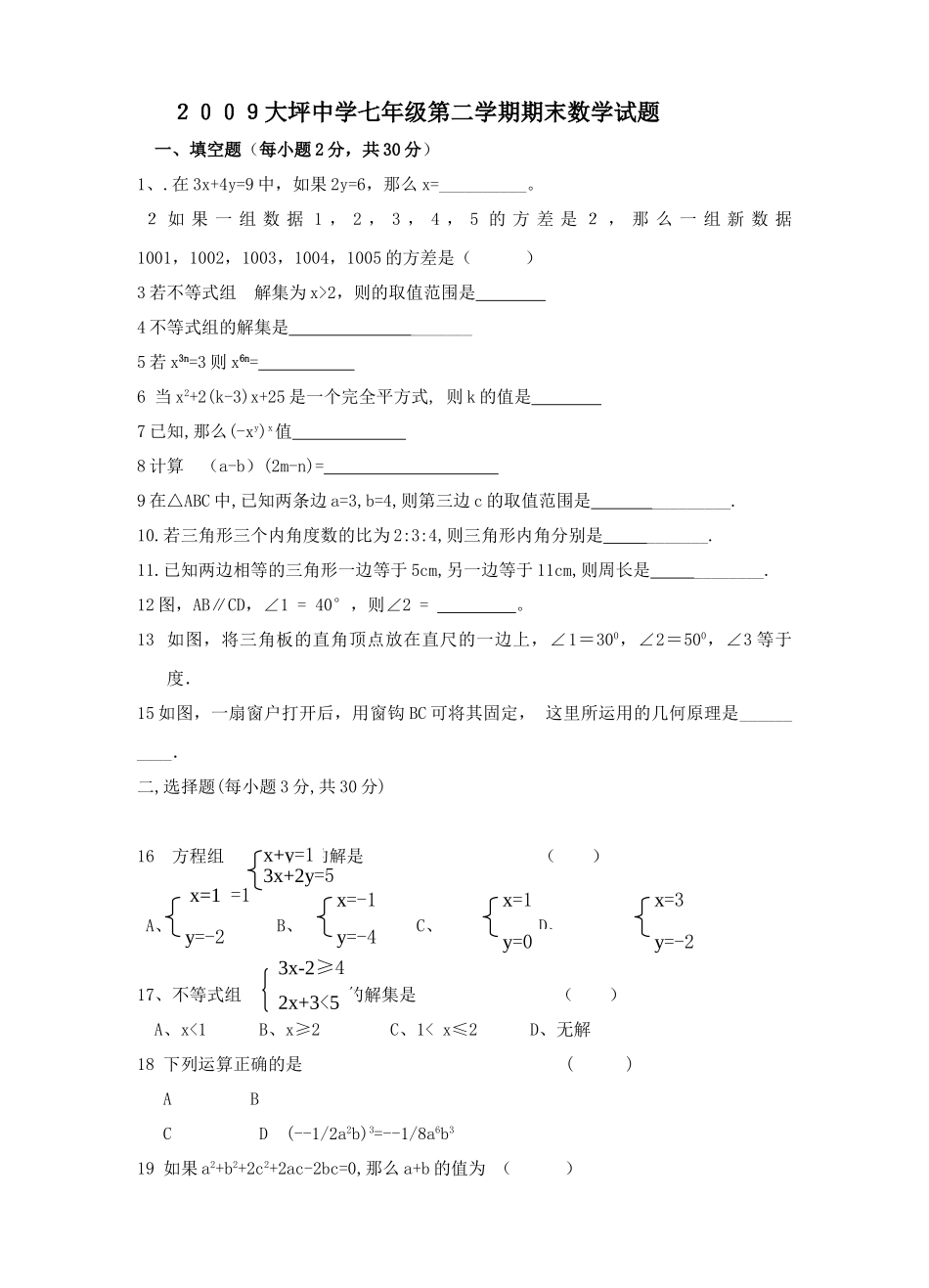重庆大坪2009七年级下期末考试试卷 _第1页