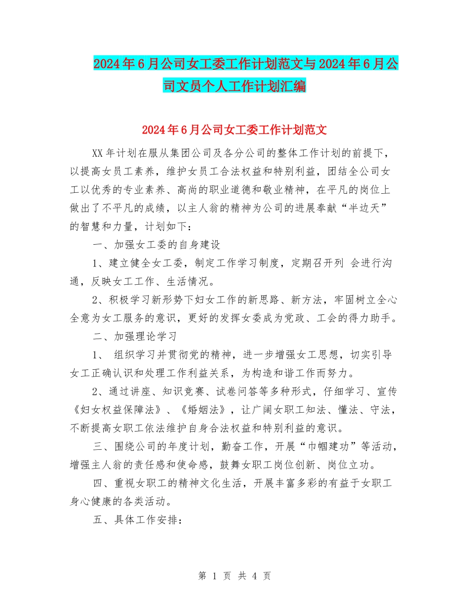 2024年6月公司女工委工作计划范文与2024年6月公司文员个人工作计划汇编_第1页