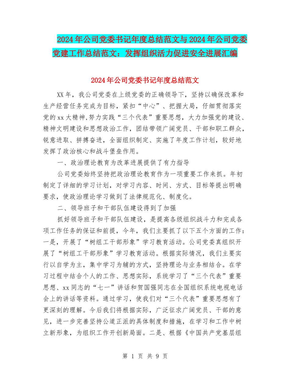 2024年公司党委书记年度总结范文与2024年公司党委党建工作总结范文：发挥组织活力促进安全发展汇编_第1页