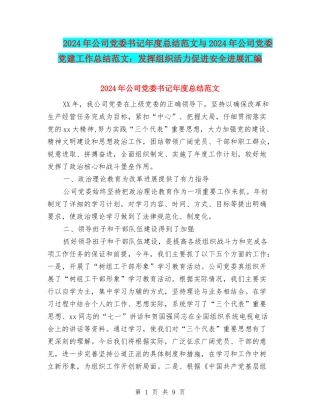 2024年公司党委书记年度总结范文与2024年公司党委党建工作总结范文：发挥组织活力促进安全发展汇编