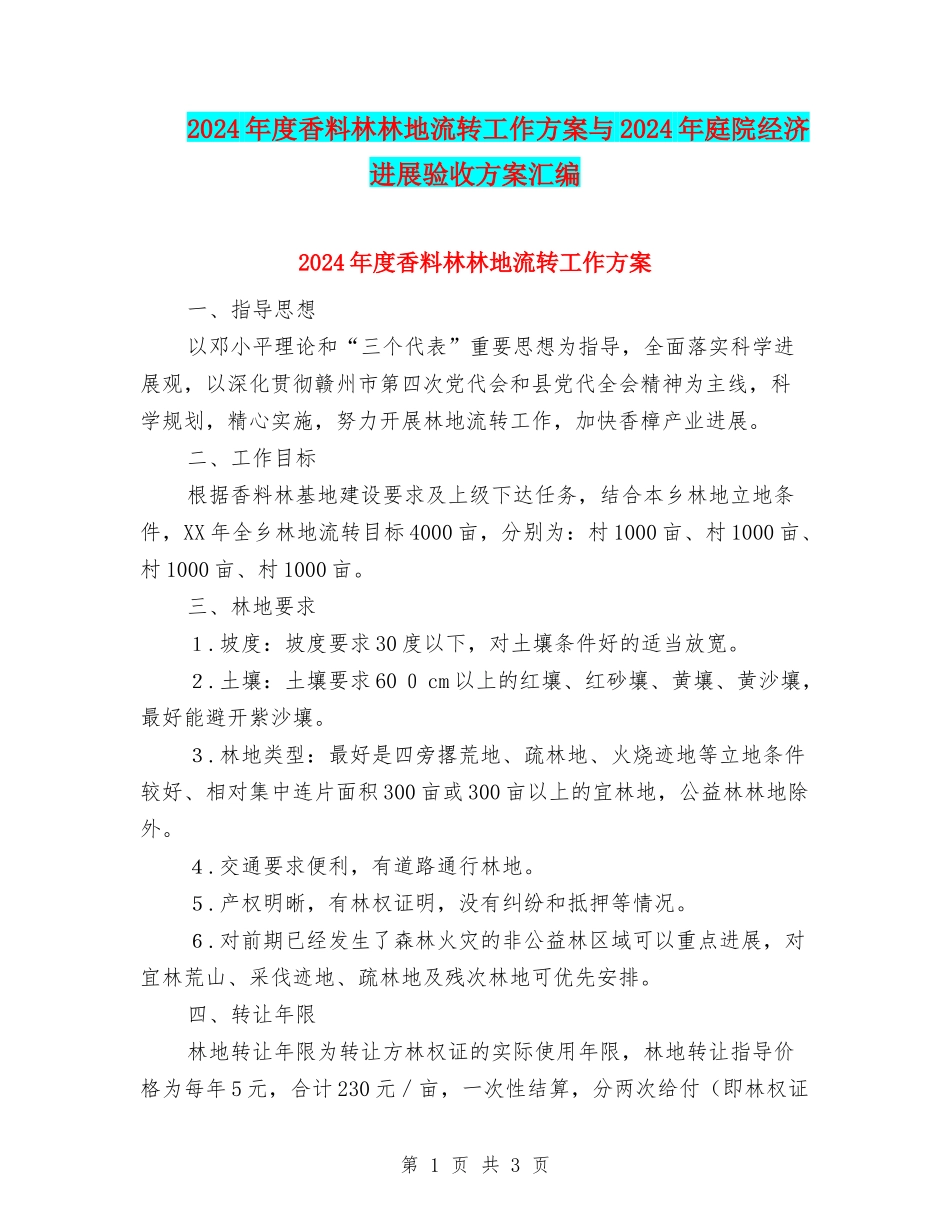 2024年度香料林林地流转工作方案与2024年庭院经济发展验收方案汇编_第1页