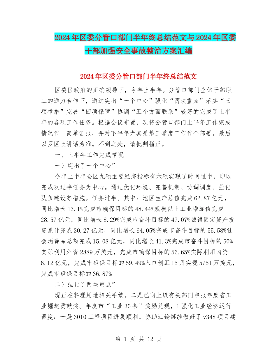 2024年区委分管口部门半年终总结范文与2024年区委干部加强安全事故整治方案汇编_第1页