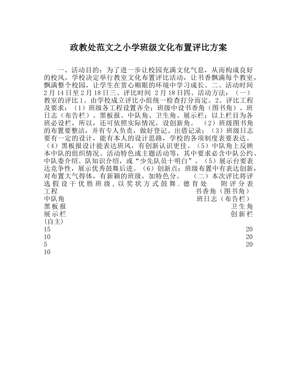政教处范文小学班级文化布置评比方案 _第1页
