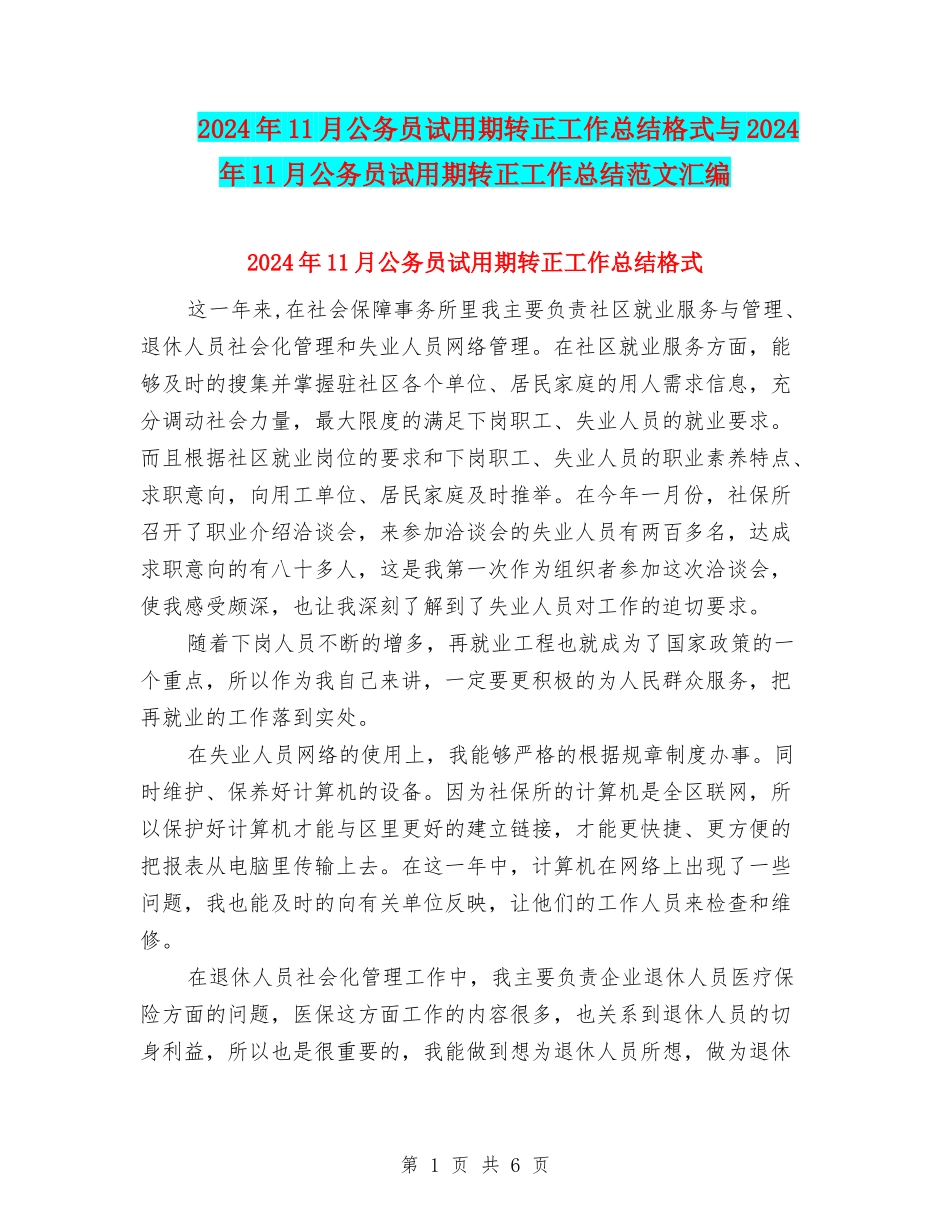 2024年11月公务员试用期转正工作总结格式与2024年11月公务员试用期转正工作总结范文汇编_第1页