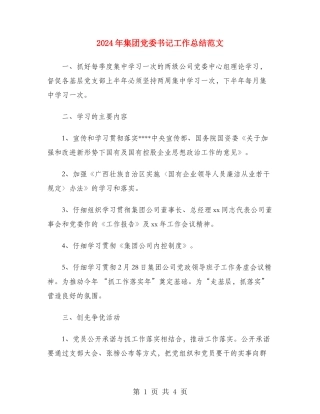 2024年集团党委书记工作总结范文