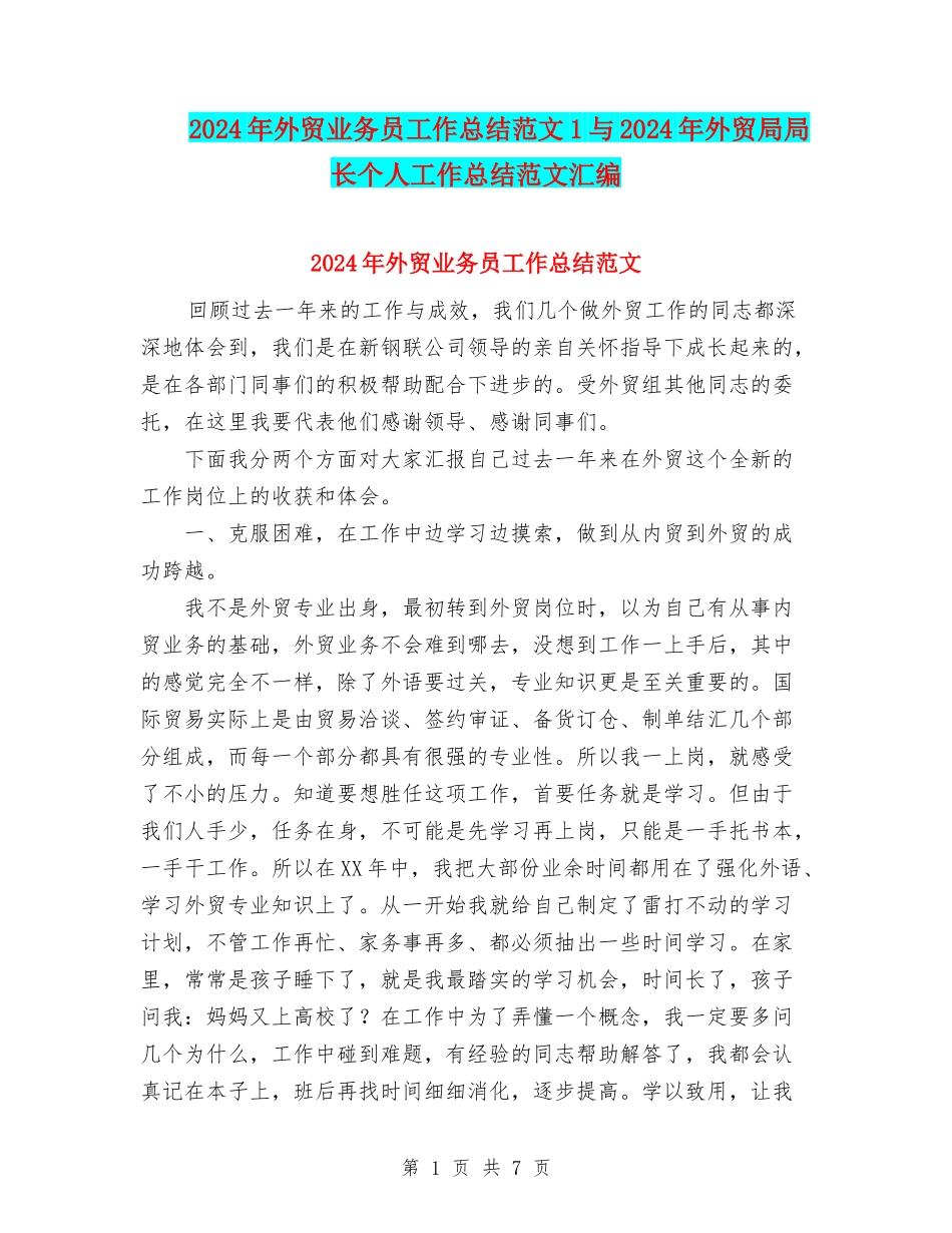 2024年外贸业务员工作总结范文1与2024年外贸局局长个人工作总结范文汇编_第1页