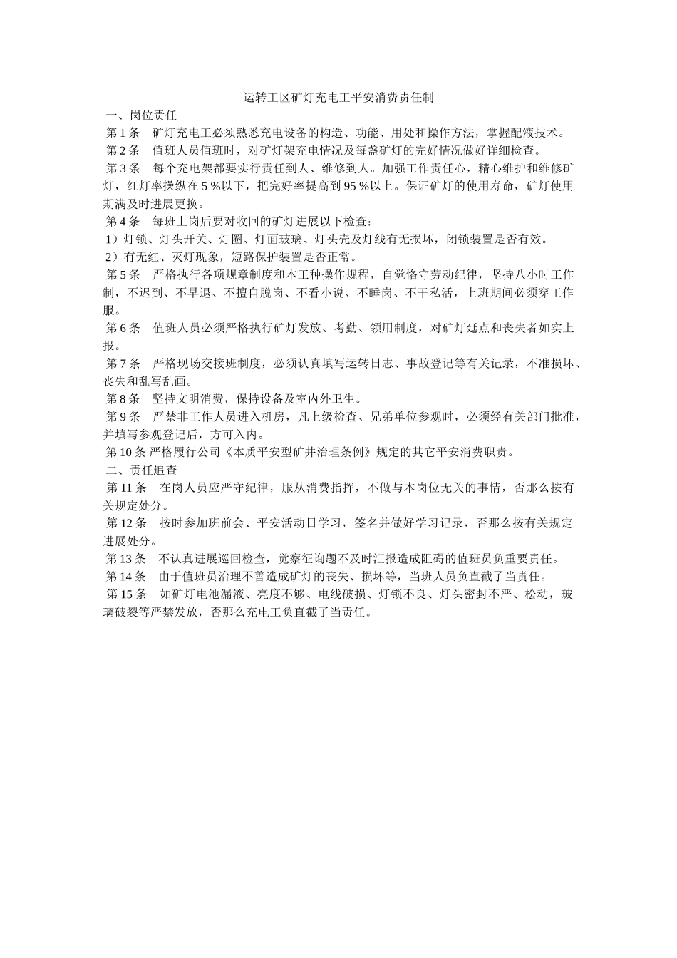 运转工ۥ区矿灯充电工安全生产责任制精选 _第1页