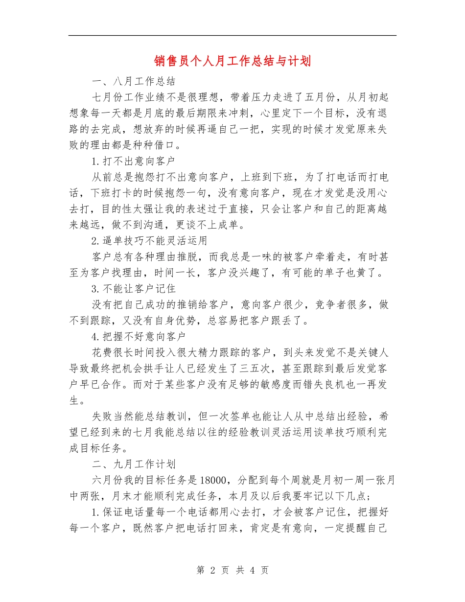 销售员个人月工作总结与计划_第2页