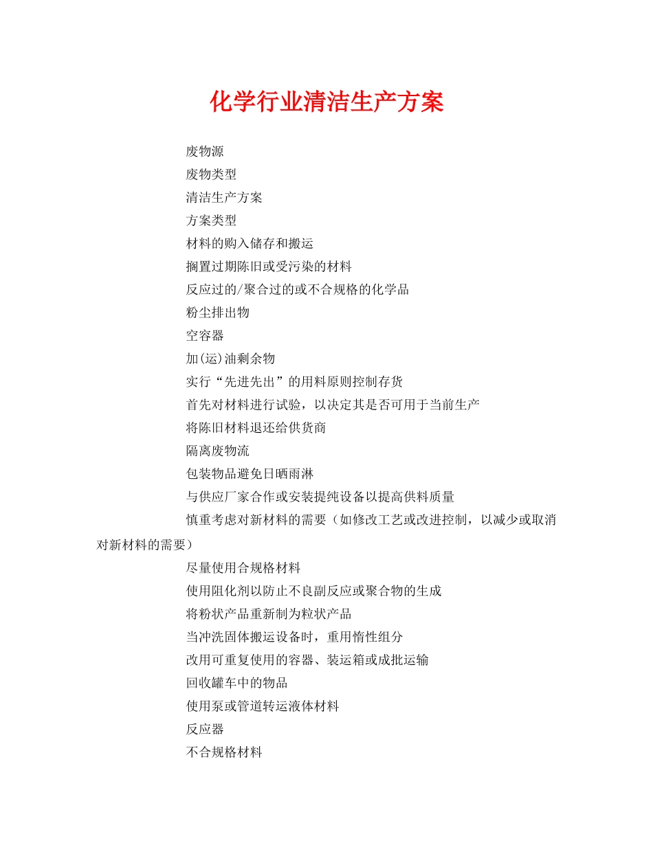 《安全管理资料》之化学行业清洁生产方案 _第1页