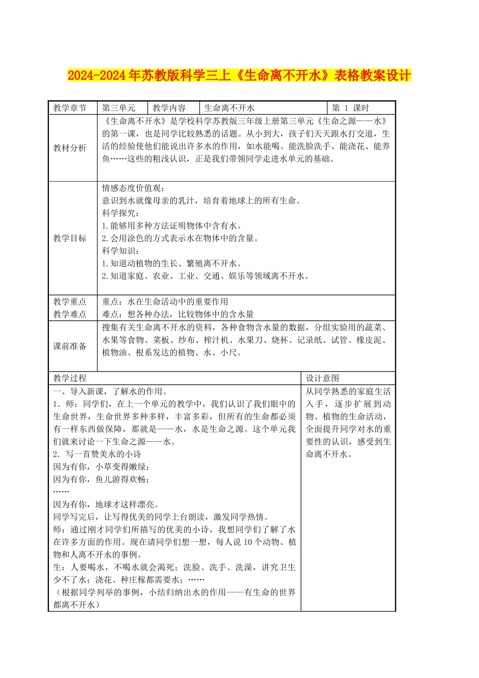 2024-2024年苏教版科学三上《生命离不开水》表格教案设计_第1页
